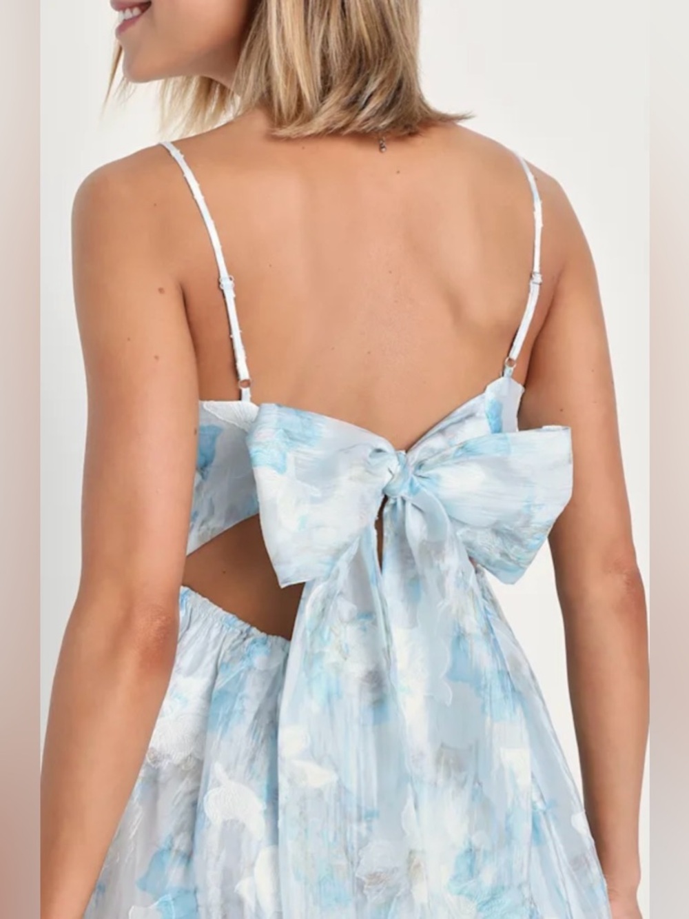 Lulus Delicate Charm Light Blue Floral Jacquard Organza Mini Dress S NWT - Picture 3 of 6